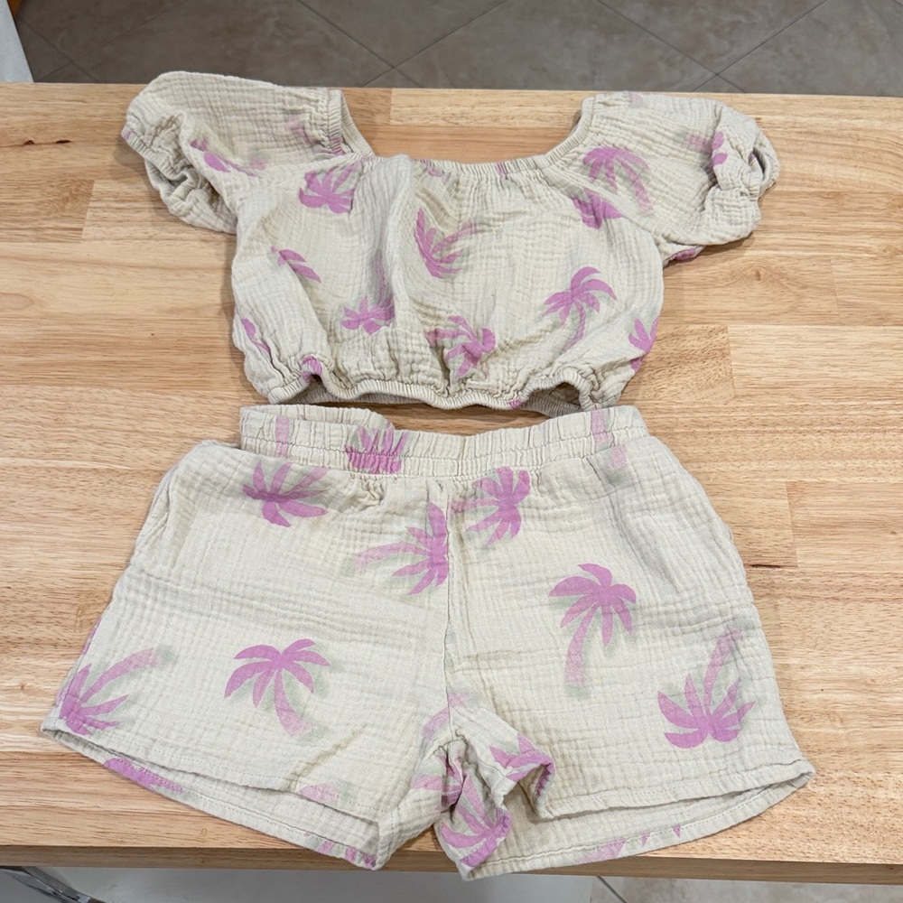 Two-Piece Cream Crop Top & Shorts Set with Pink Palm Print